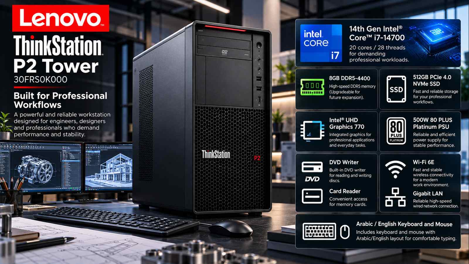 Lenovo ThinkStation P2 Tower 30FRS0K000 Workstation, Intel Core i7-14700, 8GB DDR5-4400, 512GB PCIe 4.0 NVMe SSD, Intel UHD Graphics 770, 500W 80 PLUS Platinum PSU, DVD Writer, 3-in-1 Card Reader, No OS, Arabic/English Keyboard & Mouse 2.